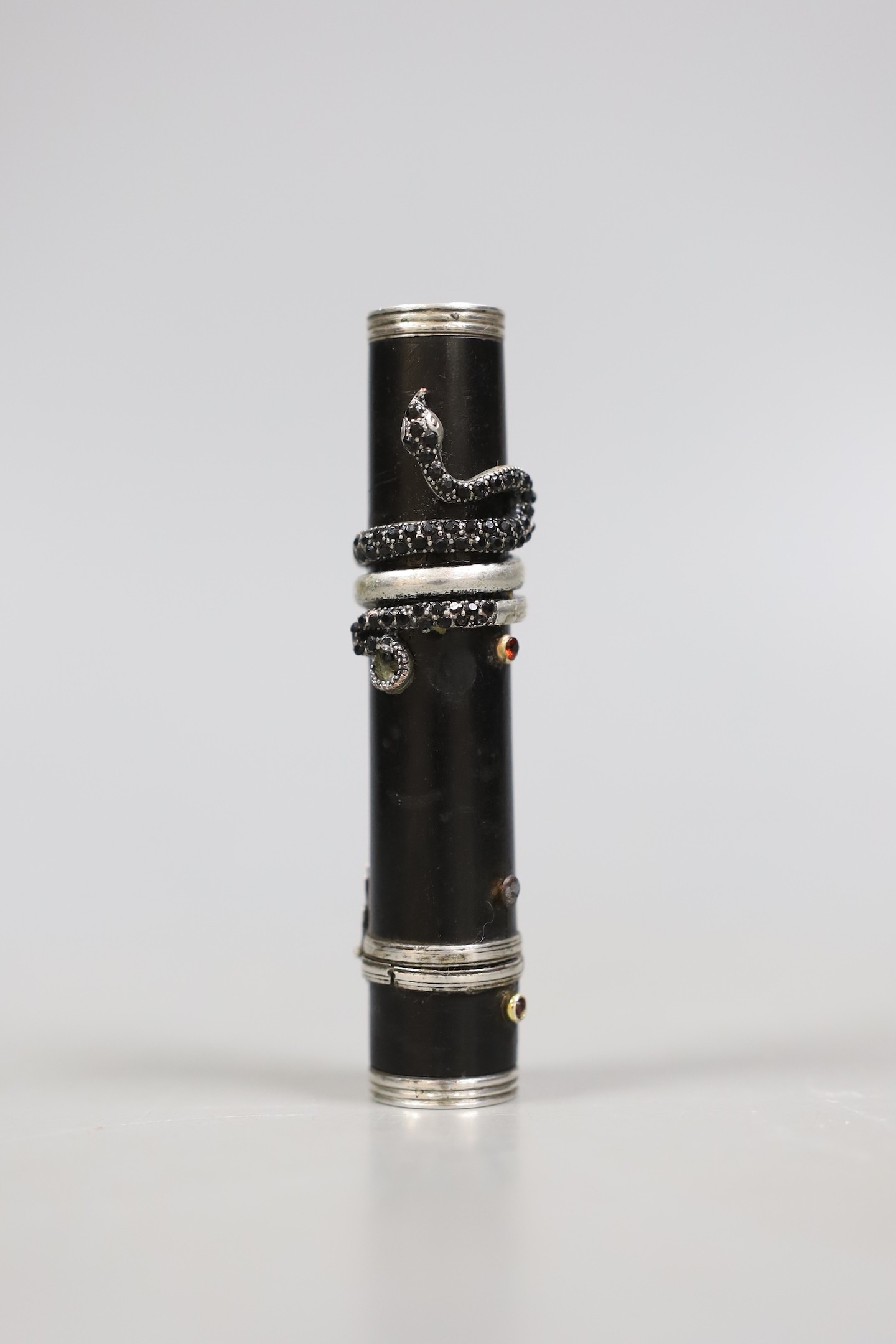 A 19th century white metal and paste mounted ebonised etui case, with serpent decoration, 97mm.